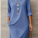 Elegant Round Neck Solid Color Pocket Dress