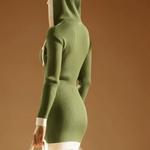Stylish And Casual White-trimmed Green Hooded Knitted Mini Dress