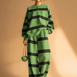 Casual Sports Green And Black Striped Sweatshirt And Pants Set