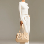 Fashionable Sporty White Knit Ribbed Crew Neck Top And Wide-leg Pants Set