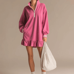 Sporty Retro Pink Cotton Half-Zip Ruffle Sweatshirt Mini Dress