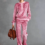 Casual Sporty Retro Pink Velvet Leopard Print Sweatshirt And Wide-Leg Pants Set