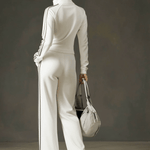 Sporty Retro Striped Webbing White Long-Sleeve Sweatshirt And Wide-Leg Pants Set