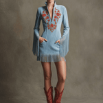 Western Retro Red Embroidered Blue Faux Suede Long-Sleeved Tassel Mini Dress