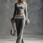 Retro Fashion Sporty Gray Knitted Feather Cuffs High-neck Top And Slim-fit Flared Pants Suit