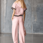 Elegant Fashion Sporty Hooded Front Zipper Short-sleeved Pink Cotton Top And Pants Set