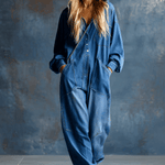 Casual Loose-fit Hooded Blue Denim Button-front Long-sleeved Jumpsuit