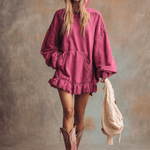 Elegant Retro Sporty Lace Trim And Ruffled Hem Rose Pink Cotton Hooded Style Mini Dress