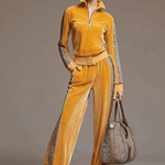 Casual Sporty Retro Leopard Print Trim Yellow Velvet Sweatshirt Wide-Leg Pants Set