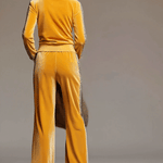 Casual Sporty Retro Leopard Print Trim Yellow Velvet Sweatshirt Wide-Leg Pants Set