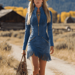 Retro Western Style Zippered Collar Blue Fringed Faux Suede Mini Dress