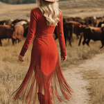 Western Style Vintage Embroidered Red Fringed Faux Suede Midi Dress