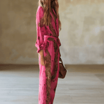 Casual Loose Rose Red Chiffon Leopard Print Long-Sleeved Jumpsuit