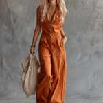 Casual Fashion Western V-neck Front-button Sleeveless Rust-orange Denim Jumpsuit