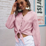 Tie Knot Front Tops Cotton Blouse Shirts - Zeagoo (Us Only)