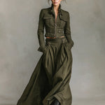 Women's Green Edgy 100% Cotton Zip - Front Cropped Jacket And Maxi Skirt Set