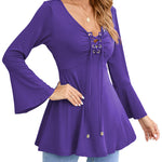 Zeagoo Women's Sexy V-Neck Pleated Front Long Bell Sleeve Blouse Tops