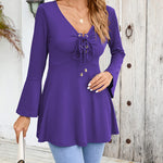Zeagoo Women's Sexy V-Neck Pleated Front Long Bell Sleeve Blouse Tops