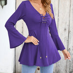 Zeagoo Women's Sexy V-Neck Pleated Front Long Bell Sleeve Blouse Tops