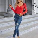 Zeagoo Women's long sleeve bodysuit Sexy V Neck Body Suit Double Lined Tops Slim Fit Stretchy Layer Top Classic Jumpsuit