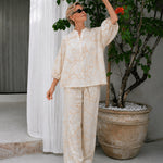 Summer Casual Print Linen Blend Blouse Pants Set