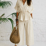 Trendy 100% Cotton Drawstring Cargo Blouse with Capri Pants Set