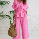 Trendy 100% Cotton Drawstring Cargo Blouse with Capri Pants Set