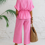 Trendy 100% Cotton Drawstring Cargo Blouse with Capri Pants Set