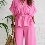 Trendy 100% Cotton Drawstring Cargo Blouse with Capri Pants Set