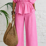 Trendy 100% Cotton Drawstring Cargo Blouse with Capri Pants Set