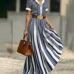 Summer Elegant Vertical Striped Print Shirt Dress