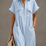 Summer Casual Commuter 100% Cotton Half Zip-Up Shirt Dress