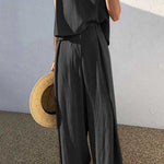 Women's Solid Color Casual Elegant Stylish Sleeveless Top Wide-leg Pants Two-piece Suit