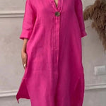 Women's Loose Stylish Solid Color Round Neck Button Cotton Linen Long Dress