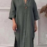 Women's Loose Stylish Solid Color Round Neck Button Cotton Linen Long Dress