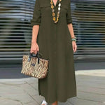 Women's Solid Color Loose Stylish Casual Lapel Long Dress