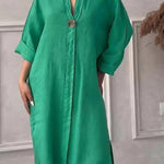 Women's Loose Stylish Solid Color Round Neck Button Cotton Linen Long Dress