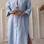 Women's Loose Stylish Solid Color Round Neck Button Cotton Linen Long Dress