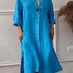 Women's Loose Stylish Solid Color Round Neck Button Cotton Linen Long Dress