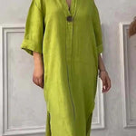 Women's Loose Stylish Solid Color Round Neck Button Cotton Linen Long Dress