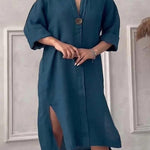Women's Loose Stylish Solid Color Round Neck Button Cotton Linen Long Dress