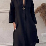 Women's Loose Stylish Solid Color Round Neck Button Cotton Linen Long Dress