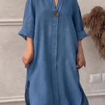 Women's Loose Stylish Solid Color Round Neck Button Cotton Linen Long Dress