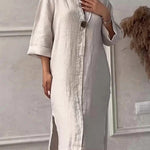 Women's Loose Stylish Solid Color Round Neck Button Cotton Linen Long Dress
