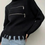 Zip Accent Turtleneck Raw Edge Hem Sweater