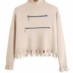Zip Accent Turtleneck Raw Edge Hem Sweater