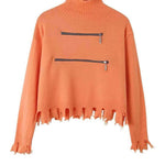 Zip Accent Turtleneck Raw Edge Hem Sweater