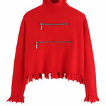 Zip Accent Turtleneck Raw Edge Hem Sweater