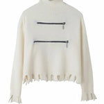 Zip Accent Turtleneck Raw Edge Hem Sweater