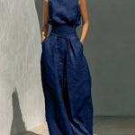 Elegant Minimalist Sleeveless High Neck Top Pants Set